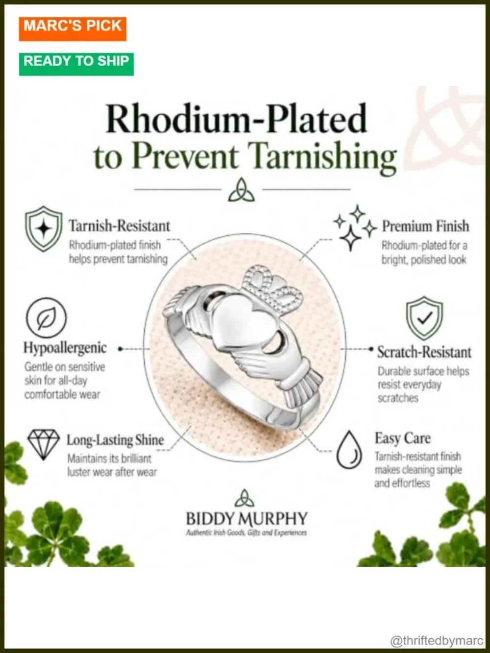 Sterling Silver Claddagh Ring, Rhodium-Plated, Irish Made